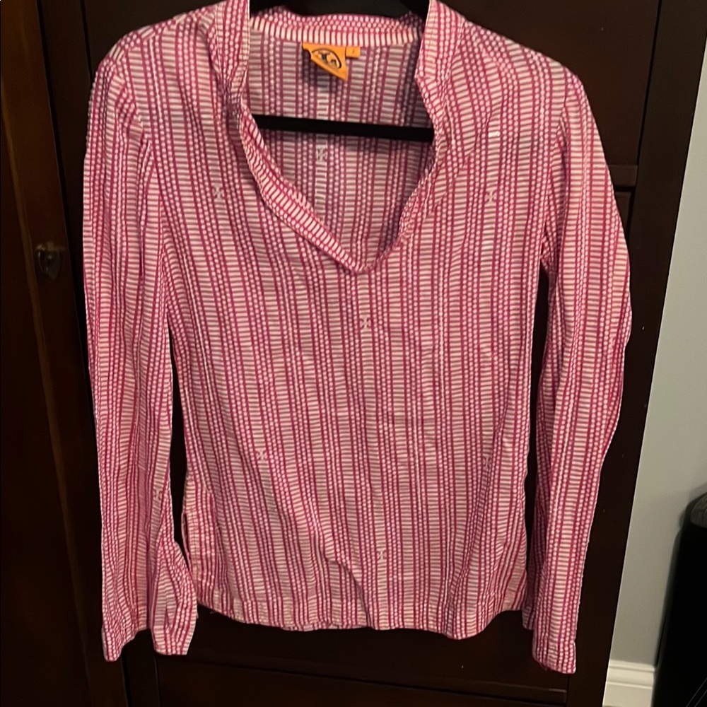Tory Burch Pink and White Mandarin Collar Button Down Shirt